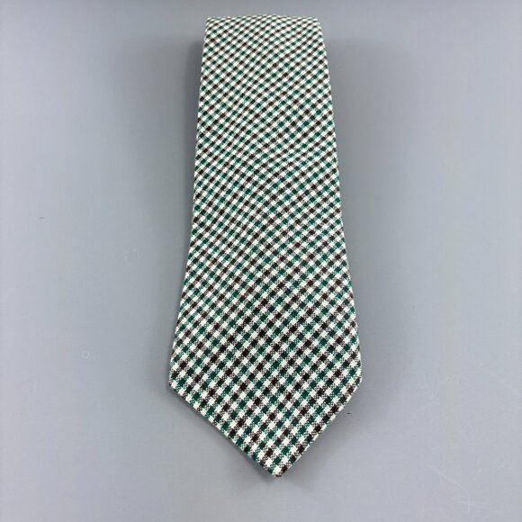 Wembley White / Green / Brown Plaid Men's Tie 4" x 58" Wool / Orion - Vintage - Picture 1 of 4